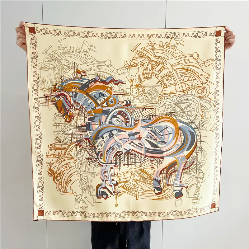 

14mm Silk Scarf Women Square Bandanas Handrolled Edges Scarves Luxury Designer Foulards 90cm Hair Bag Accessories Horse Print