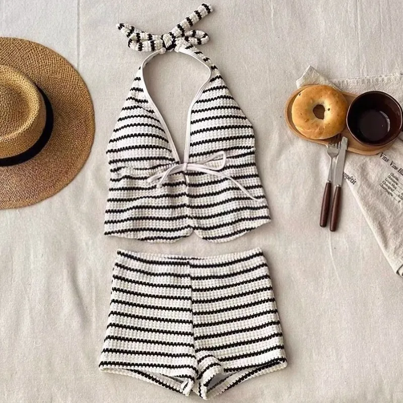 2026 New Women's High-End Striped Knitting Bikini Set Halter Deep V Neck Two-Piece Swimsuit Sexy Beach Bathing Suit for Vacation - Image 6