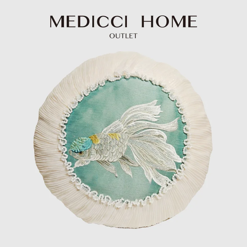Medicci Home Chinoiserie Mystic Auspicious Lucky Fish Decorative Cushion Cover Retro Round Pillow Case Visually Stunning Decor