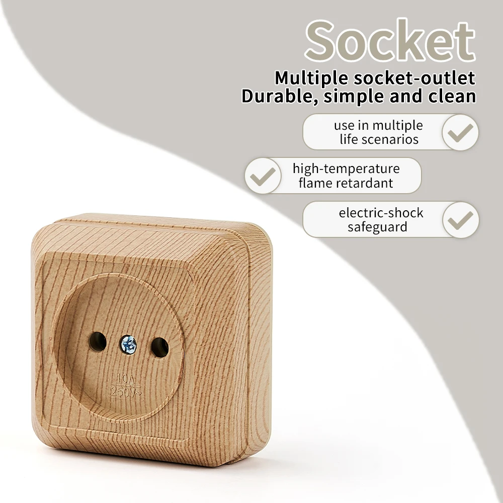 Wood Plugs Socket Not Ground EU Standard Electrical Outlets Paint Plastic Wall Mounted Classic Flame Retardant 250V Surface Home