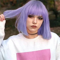 HAIRJOY Purple Bob peruki proste z grzywką peruki z krótkim bobem peruka syntetyczna dla kobiet peruka do Cosplay peruka Halloween