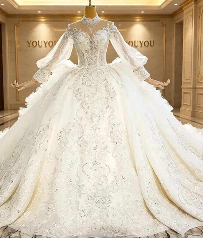 Sexy Mermaid Of V-Neck Full Sleeve A Line Wedding Dress Shiny Lace Decal Bridal Elegant Gowns Vestido De Noiva