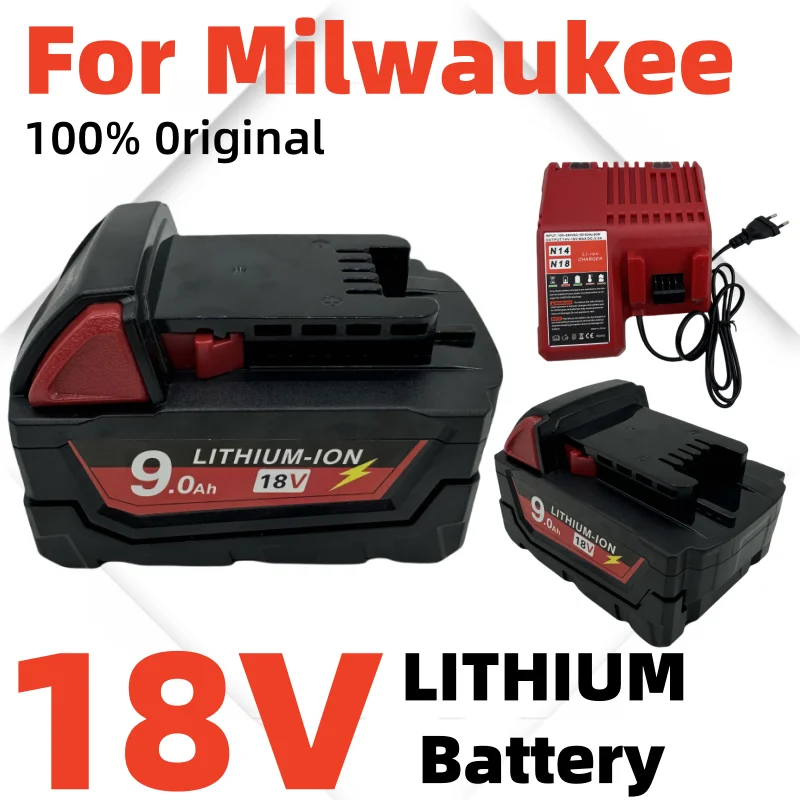 For Milwaukee M18 Power Tool Battery, Charger, Milwaukee 18V，BR, XC, 18V, 9000mAh M18B5, 48-11-1860, Built-in 18650 Battery