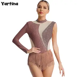 Maglia da balletto da ginnastica con strass lucidi scintillanti da donna, tuta da pattinaggio artistico, body da ballo classico, tango latino