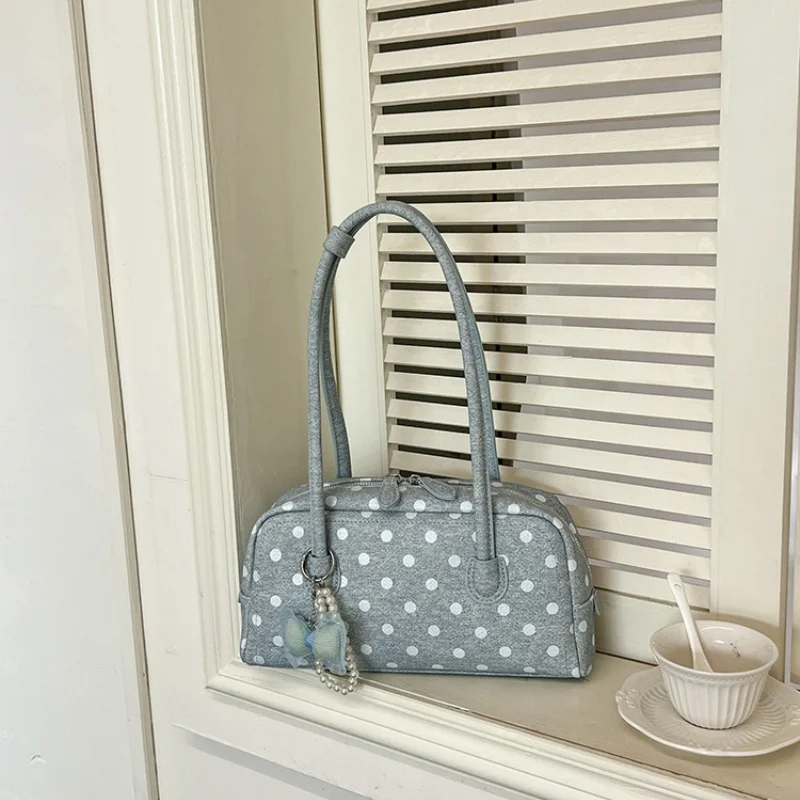 2026 New Polka Dot Mini Boston Shoulder Bag, Elegant Women Long Handle Underarm Handbag With Bow Pearl Pendant For Spring Daily view 3
