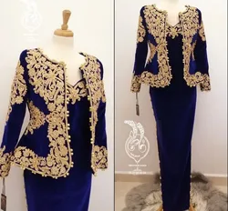 Royal Blue Velvet Prom Formal Dresses with Long Sleeve Jacket Customized Gold Lace Karakou Algerien Outfit Evening Occasion Gown