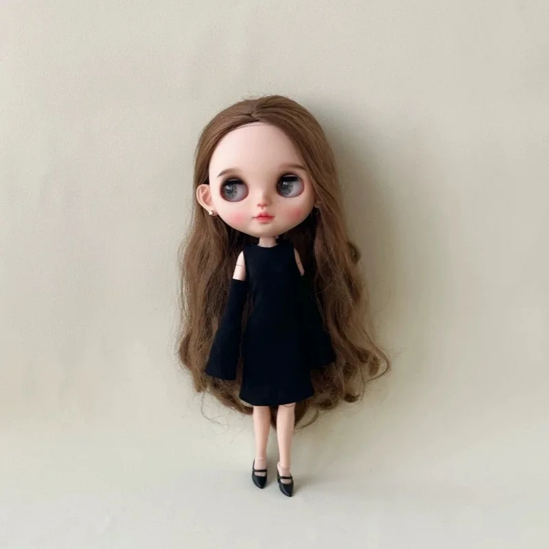 

30cm Blyth Doll Clothe Accessories Fashion Classic Black Off-the-shoulder Long-sleeved Dress For 19-joint Blyth Doll OB24 Babi
