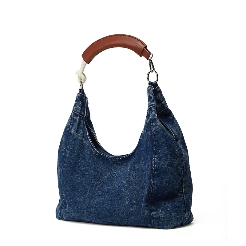 Y2K Dark Blue Denim Shoulder Bag for Women  Large Capacity Solid Color Casual Underarm Bag Travel Shopper Hobo Bag Female 2024