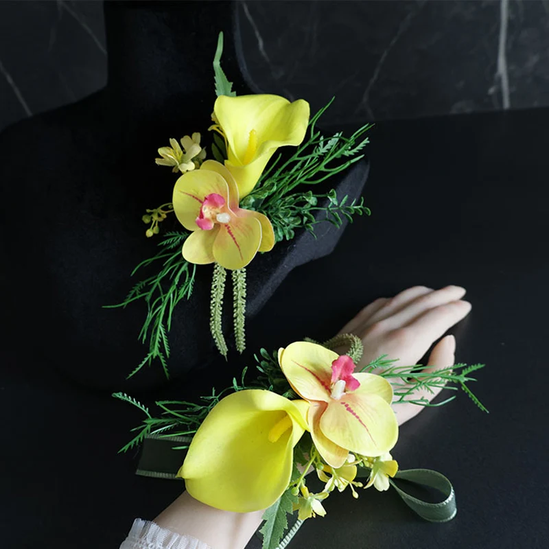 25021 Juego de pulsera y ramillete de flores rosas bohemias amarillas: perfecto para novias, padrinos de boda y decoraciones de boda