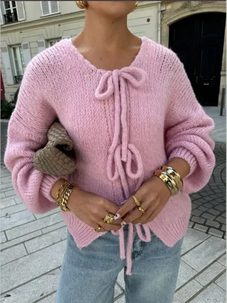 Brown Lace Up Bow Knitted Cardigan Fashion Casual O-neck Long Sleeve Hollow Out Sweater 2024 Autumn Female High Street Knitwear