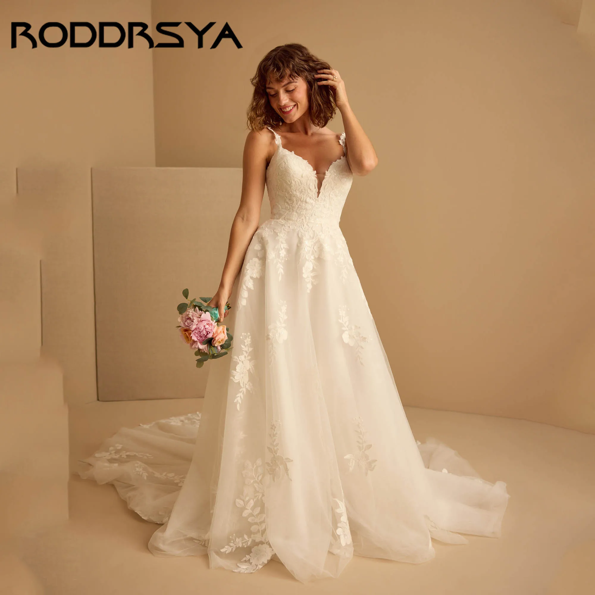 RODDRSYA A-line Appliques Abito da sposa elegante 2025 Scollo a V Cinghie per spaghetti Abiti da sposa Backless vestidos de novia Personalizzato
