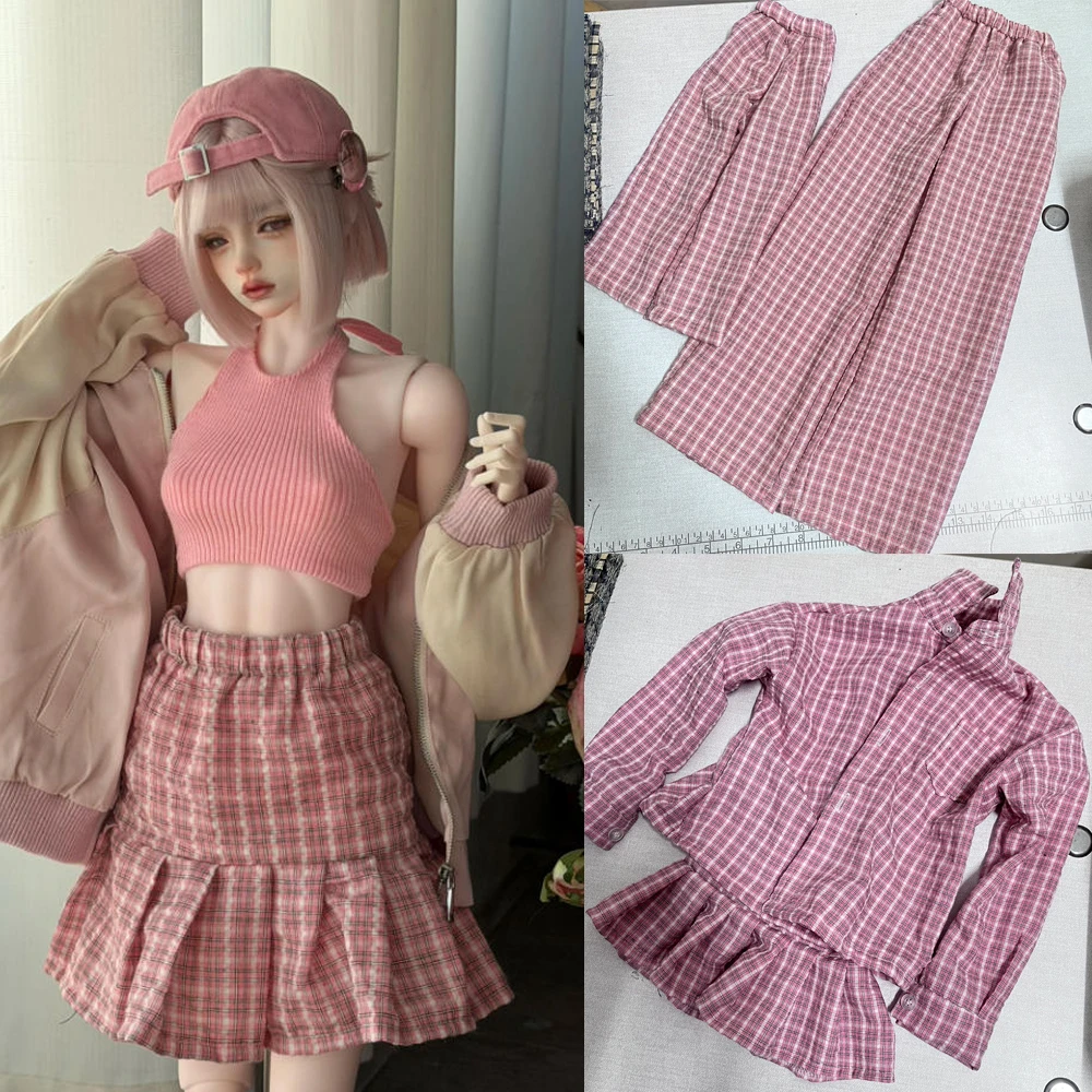 D09-1038 Children Handmade Toy 1/3 Big Girl Uncle 62 70 68 75 BJD/SD Doll's Clothes Pink Checkered Wide Leg Pants 1pcs