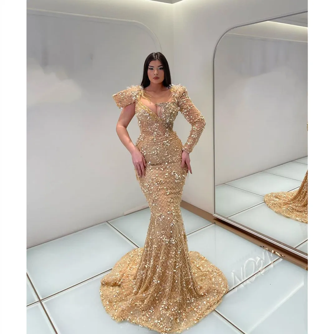 Exquisitos Vestidos de Noche de sirena, una manga larga, cuello en V, lentejuelas, apliques de cuentas, encaje, perlas, diamantes, vestidos de graduación hechos a medida