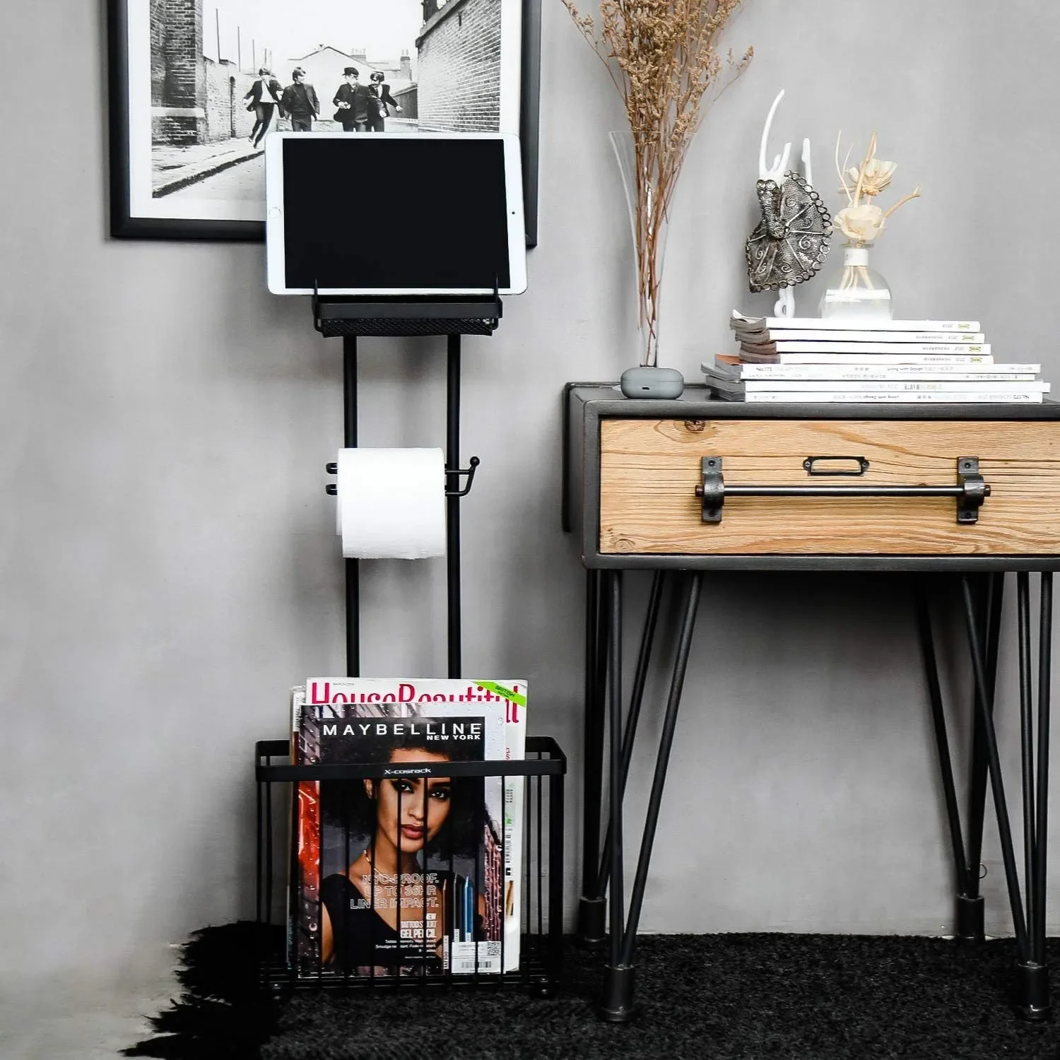 Removable bathroom Household storage Magazine tissue holder Roll paper holder with storage Adjustable height rack