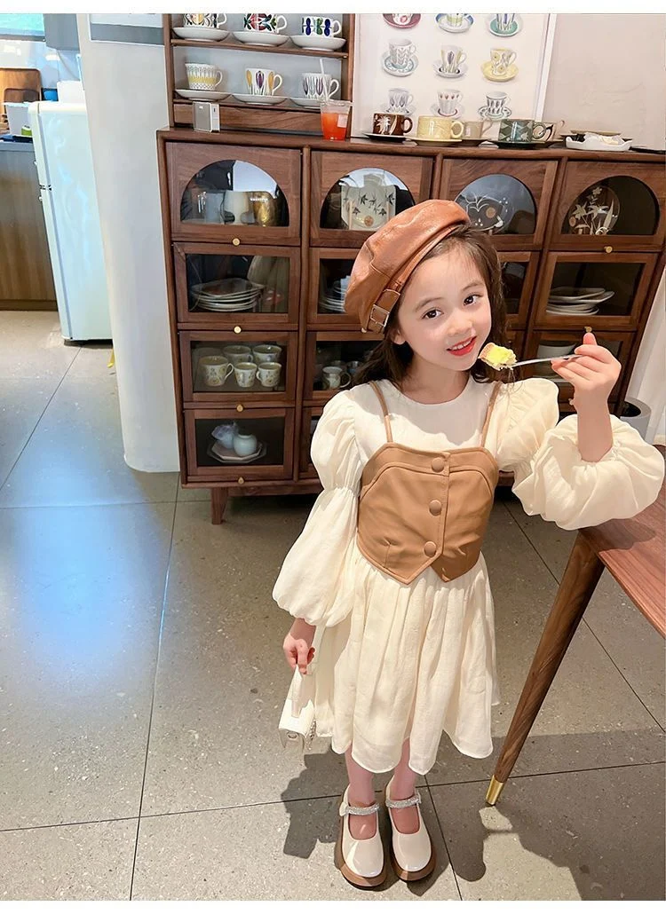 Frühling Herbst Mädchen Kleid Set Langarm Kinder Retro Pu Leder Weste Kleid Set Teenager-Mädchen Kleidung Anzug 4 6 8 12y – Detail 12