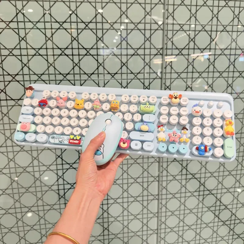 Wireless Keyboard and Mouse Set for Computer Cartoon Anime Toy Decorations Keycap DingDang Cat Theme Keyboard Boys Girls Gift