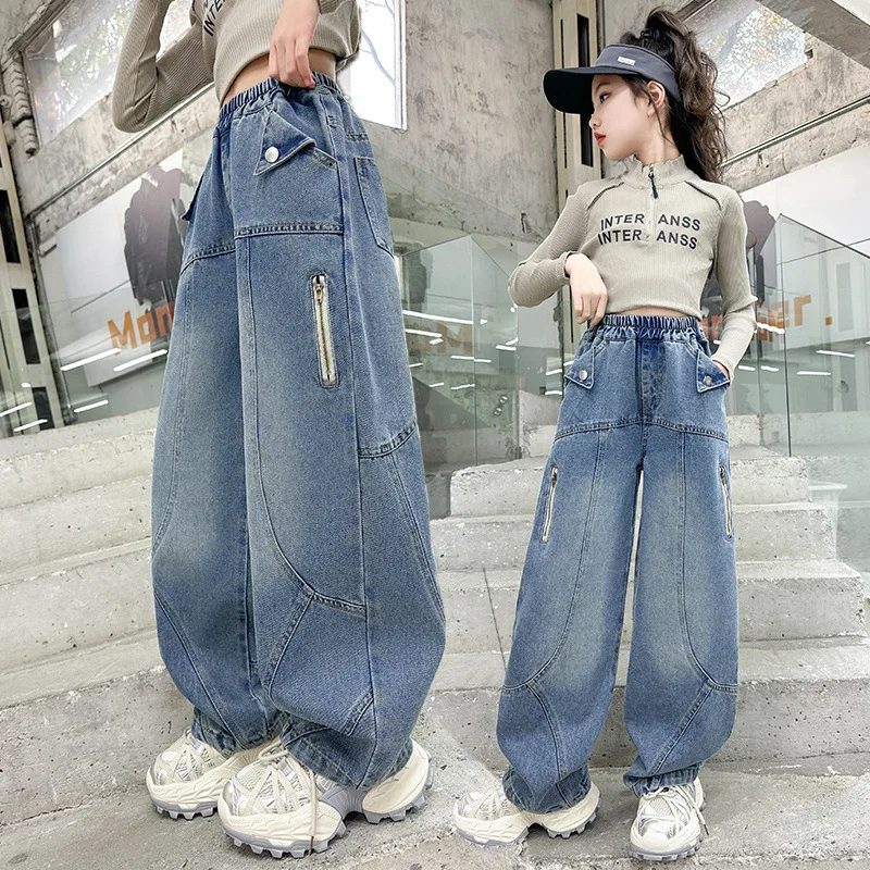 جينز بناتي لربيع وخريف 2025 بأرجل واسعة موضة الأطفال سراويل دينم غير رسمية للأطفال تصميم ريترو مستقيم الساق سراويل فضفاضة