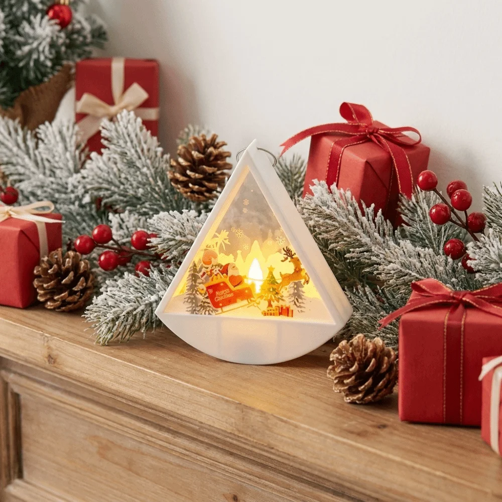 Cute LED Christmas Lamp Electronic Plastic Night Light Small Tabletop Triangular Lantern Kid Gift