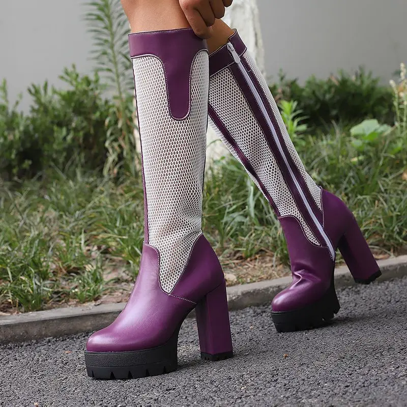 

ORCHA LISA Fashion Women's Knee High Boots Round Toe 12cm Block Heel 4cm Platform Zipper Mesh Plus Size 48-50 Sexy Summer