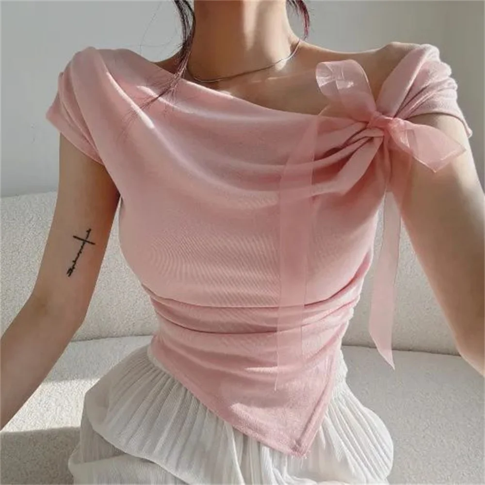 Korean Style 2026 Summer Vintage Lady Sweet Tees Women Sexy Bow Lace Up Cropped Tops Irregular Off Shoulder Short Sleeve Shirts - view 6