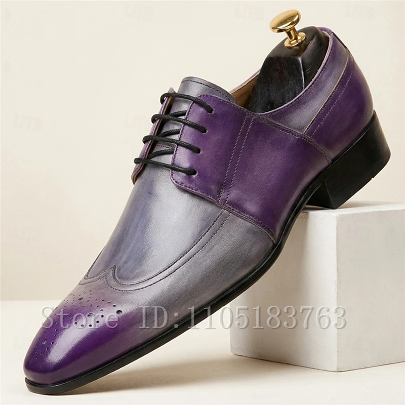 

Men Gradient Purple Gray Genuine Leather Oxford Dress Shoes Pointed Toe Lace Up Business Formal Derby Footwear