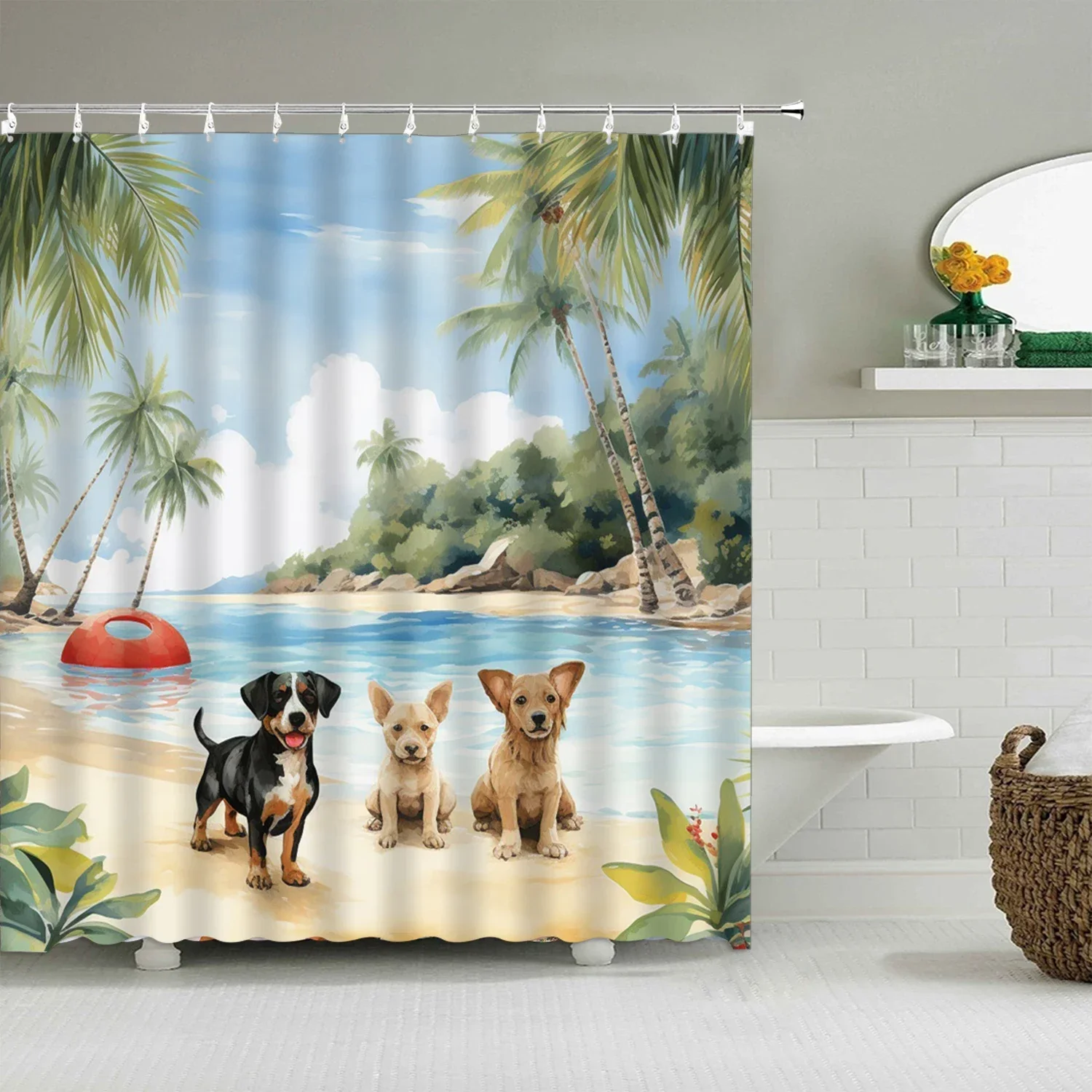 Cartoon Animal Shower Curtain, Cute In Water Cat Dog, Kids Boys Girls Polyester Fabric Bathtub Partition Bathroom Decoration