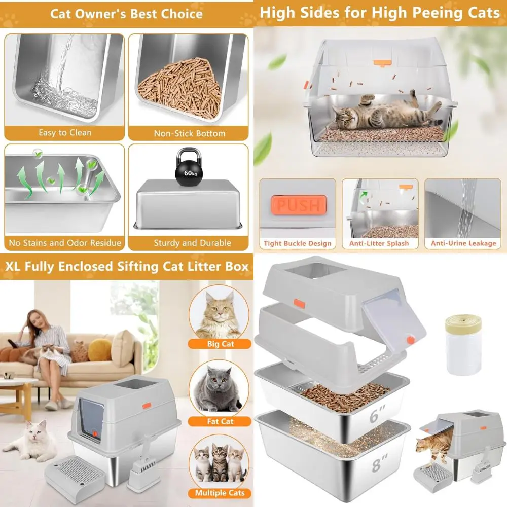 

Закрытый металлический ящик для кошачьего туалета 4-в-1 со съемным экраном, высокосторонний коврик и совок (серый)