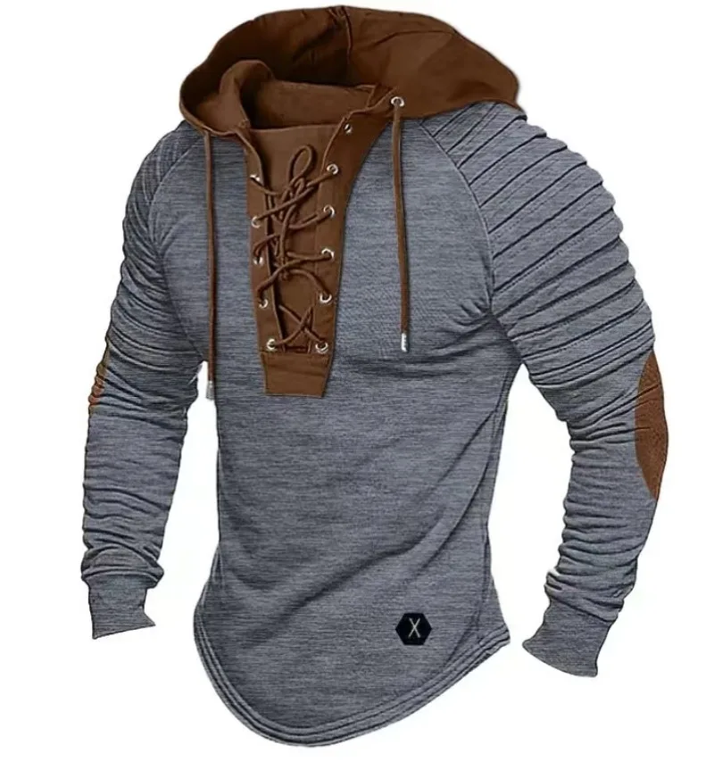 2024 New Autumn Winter Men\'s Solid Color Casual T-shirt Top Long Sleeved Shirt Slim Fit Pleated Hood Street Vacation Sweatshirt