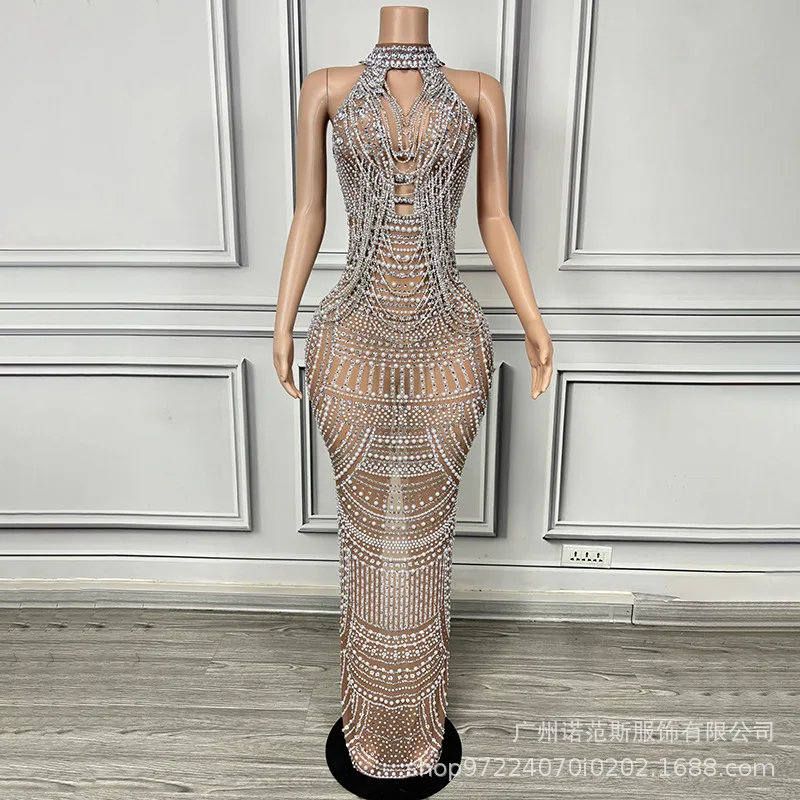 2025 고급 럭셔리 골드 체인 템퍼먼트 롱 드레스 연례 회의 여성용 고급 드레스 상업 공연 여성용