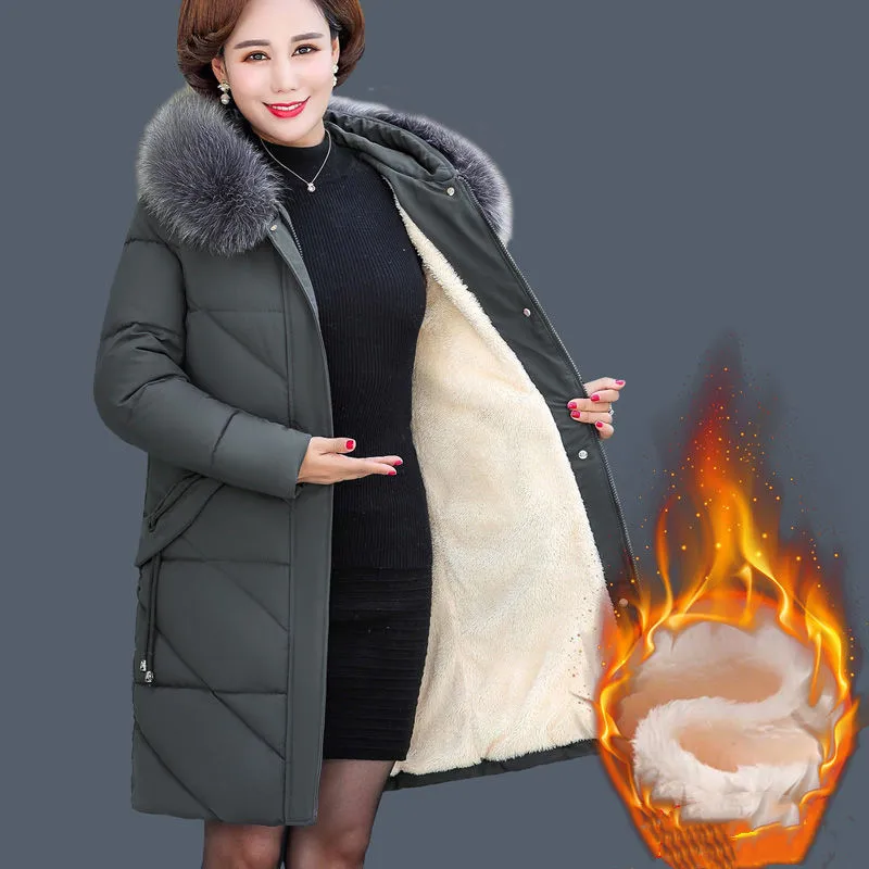 

2024 Winter Plus Velvet Thickened Warm Parkas Middle Aged mother Cotton Padded Coat Fur Coller Long Women Jacket Wadded Clother