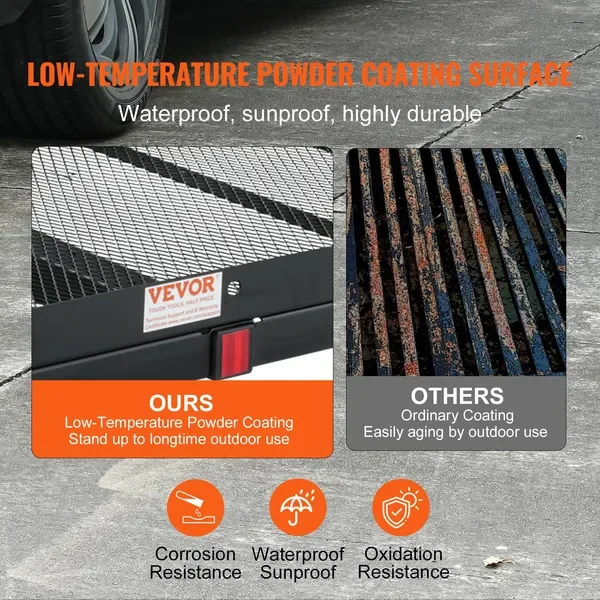 VEVOR 히치 마운트 화물 캐리어, 45.3' x 25.6' 철제 히치 화물 랙(접이식 경사로 포함), 히치 랙 바스켓(안정장치 포함)