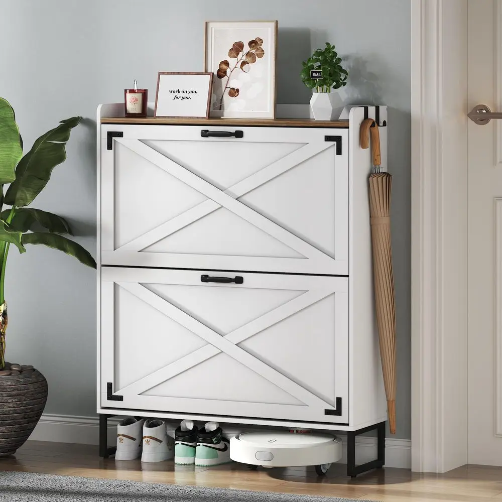 

Shoe Cabinet with 2 Flip Drawers, Back Panel, Removable Shelves amp 2 Movable Hooks, Adjustable Metal Feet, Rustic Entryway Org