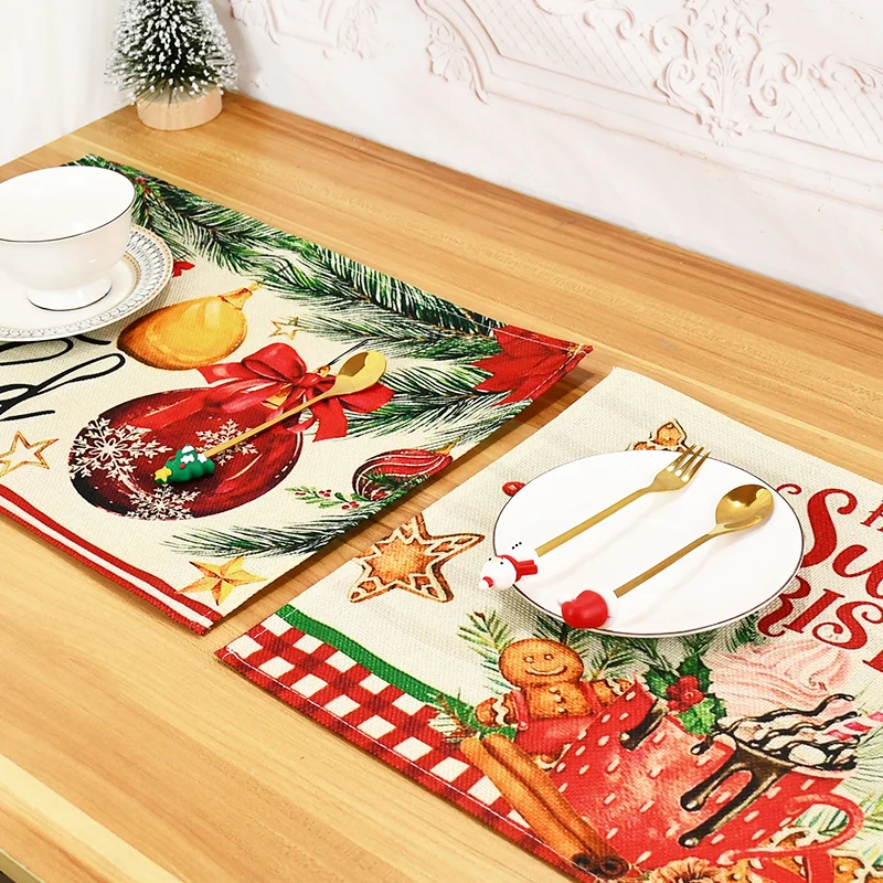 Napperons en lin imprimé bonhomme de neige de Noël, tapis de table chauffants coordonnants, décor de table à manger à la maison, fête du Nouvel An, 1PC