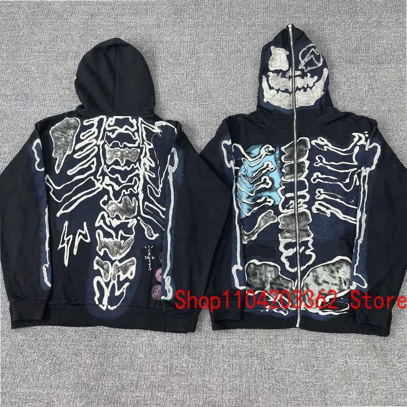 CACTUS JACK Hoodie High Street Fun Skull Print Loose Hooded Zipper Cardigan Hoodies Men Women Trend Sweatshirt Real Photo