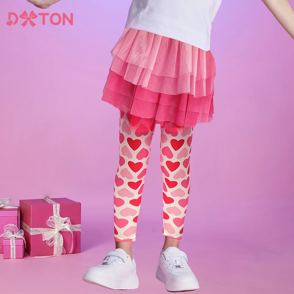 DXTON Girls Leggings Skirt Heart Printed Pencil Pants Two Fake Pcs Kids Dance Skirt Layered Cake Mesh Children Party Trousers