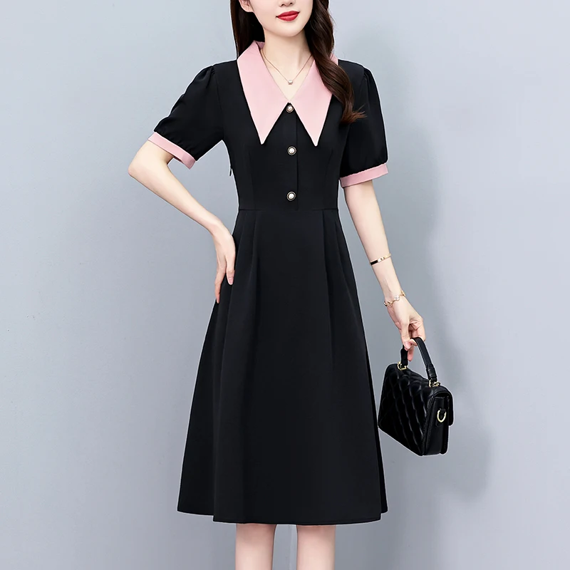 

plus Size Women's Black Waist-Cinching Dress Beautiful Mid-Length Skirt A-Line Cotton Polyester Blend Summer New Arrival