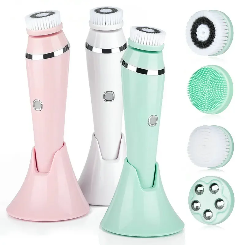 4 in 1 Electric Facial Cleansing Brush Rechargeable Waterproof Spin Sonic Exfoliator Face Scrubber Cleanser Skin Care Machine