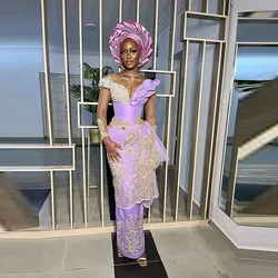 Lavender Mermaid Evening Dresses With Illusion Long Sleeves Major Beads Pearls Scoop Floor Length Aso Ebi Prom Dress