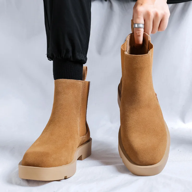 

Handmade Luxury Cow Suede Men Leather Shoes Vintage British Tooling Ankle Boots Autumn Winter Plush Chelsea Boots