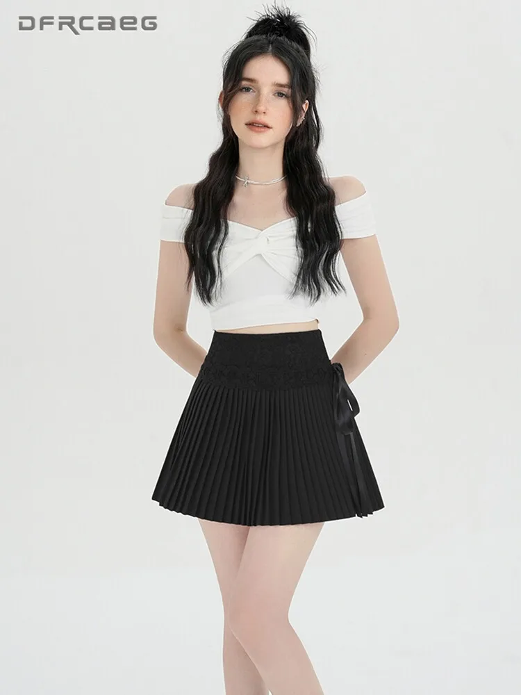 

Корейский стиль, лоскутная кружевная плиссированная юбка для женщин, осенняя белая повседневная балетная юбка с высокой талией, милые короткие юбки с галстуком-бабочкой