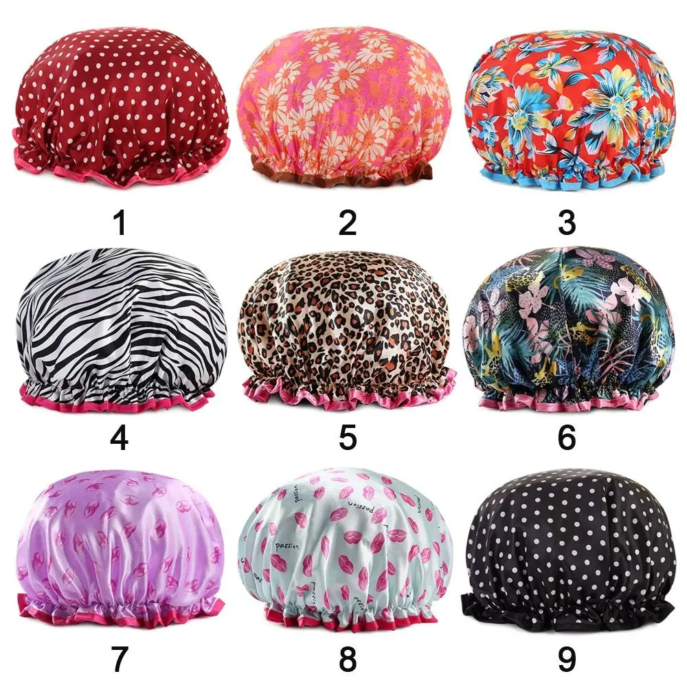 Creative Large Double Layers Thick Waterproof Shower Cap Reusable Printing Women Bath Hat Breathable Shower Hair Cover