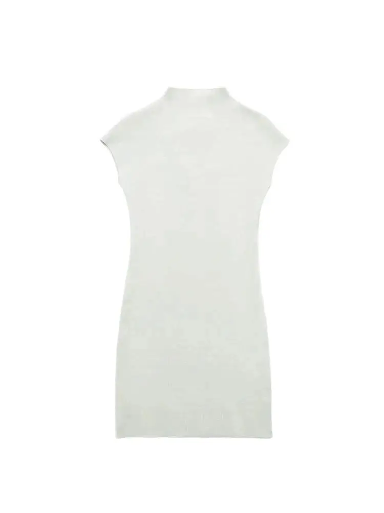 TRZA Women Fashion Stretch Knit Mini Dress Vintage High Neck Sleeveless Female Dresses Vestidos Mujer