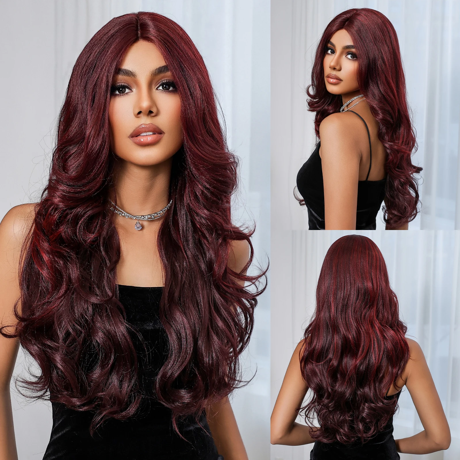 

Long Lace Front Synthetic Hair Wine Red Highlight Wig T Part Transparent Lace Wig for Black Women High Density Lace Front Wig