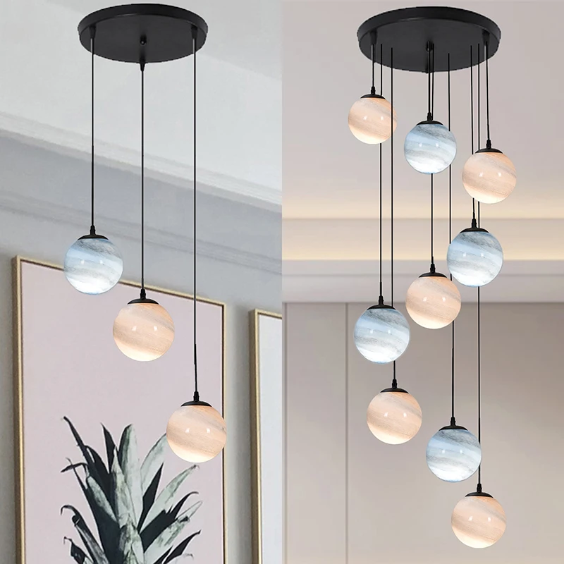 Mediterranean Planet Duplex Staircase Chandelier Lights Glass Lampshade Wandering Planet Stairwell Pendant Lamps for Hotel Villa