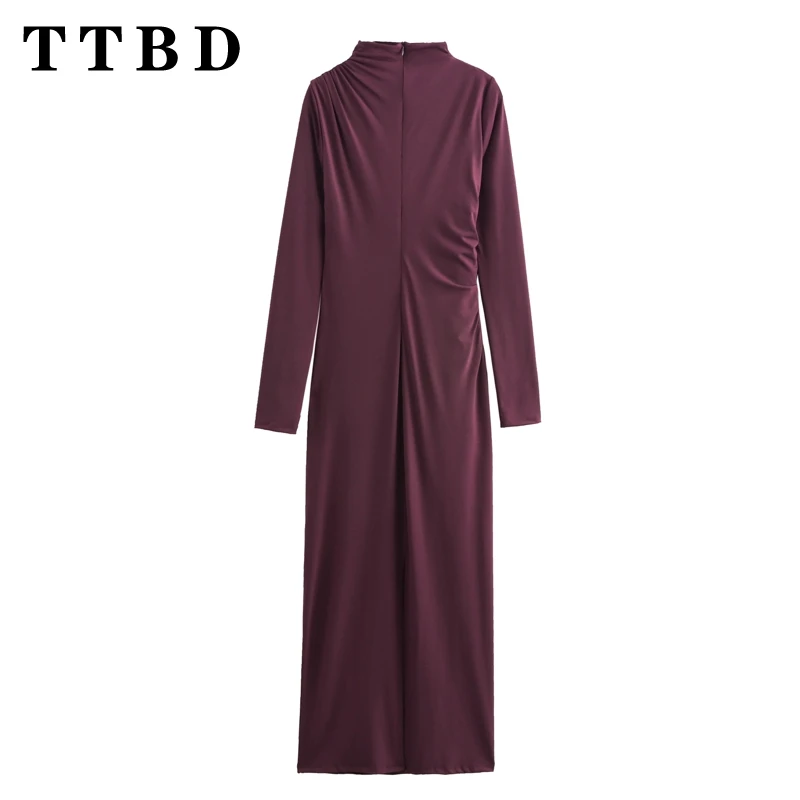 TTBD 2024 Herfst Vrouw Casual Mode Lange Mouw Effen Kleur Jurk Vrouwelijke Vintage Half hoge Kraag Ruches Jurken Maxi rok