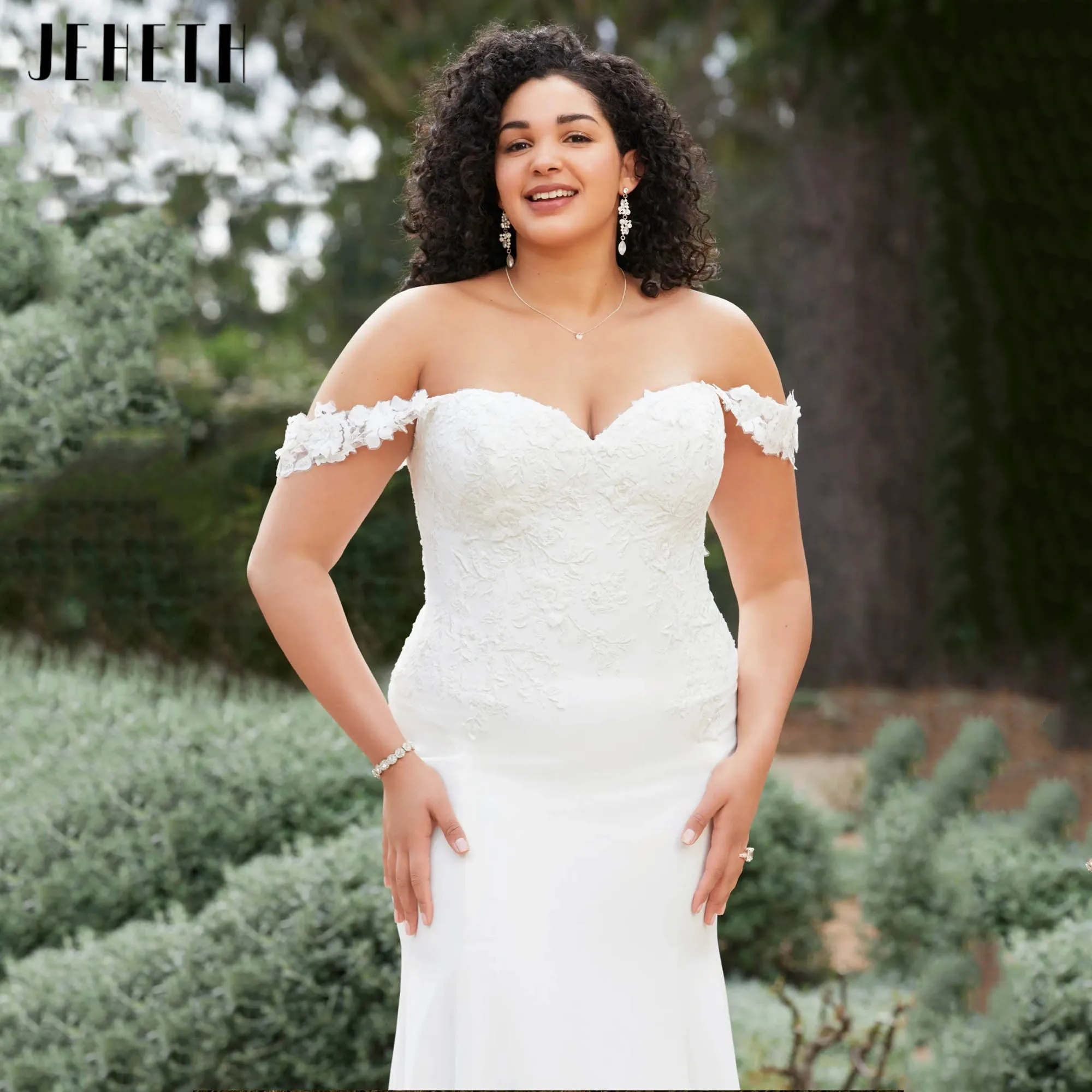 

JEHETH Elegant Mermaid Appliques Bride Gown Off Shoulder Sweetheart Plus Size Wedding Dress Soft Satin robe de mariée Customized