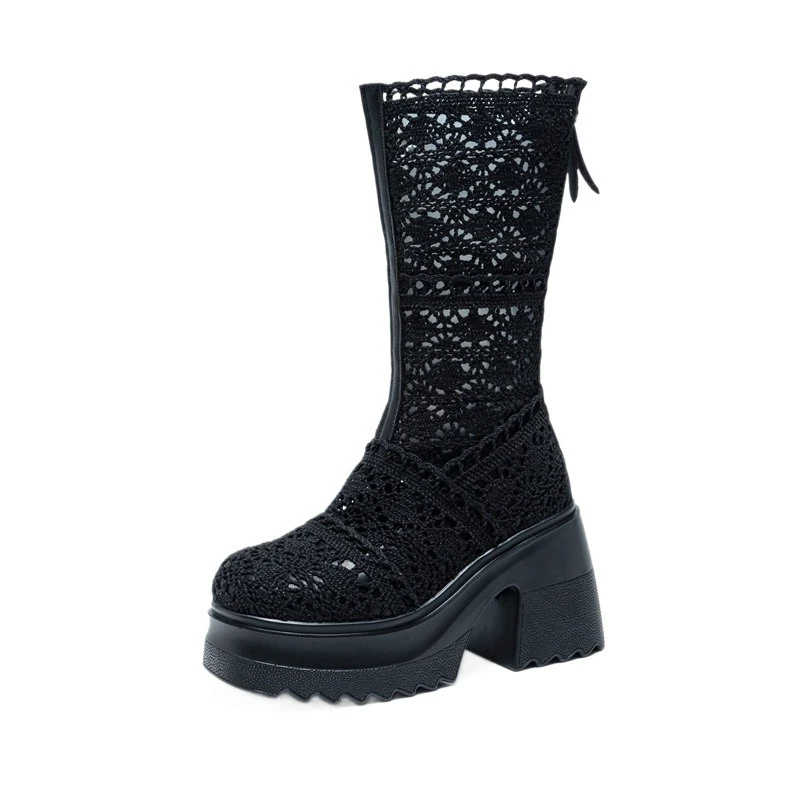 

10cm Mesh Knee High Women Cool Boots Sandals Platform High Heels Shoes Summer Designer New Pumps Walking Casual Zapatos Mujer