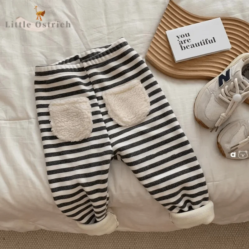 

Newborn Baby Girl Boy Fleece Inside Pant Infant Toddler Child Middle Waist Trouser Cotton Striped Bottom Baby Clothes 3-18M