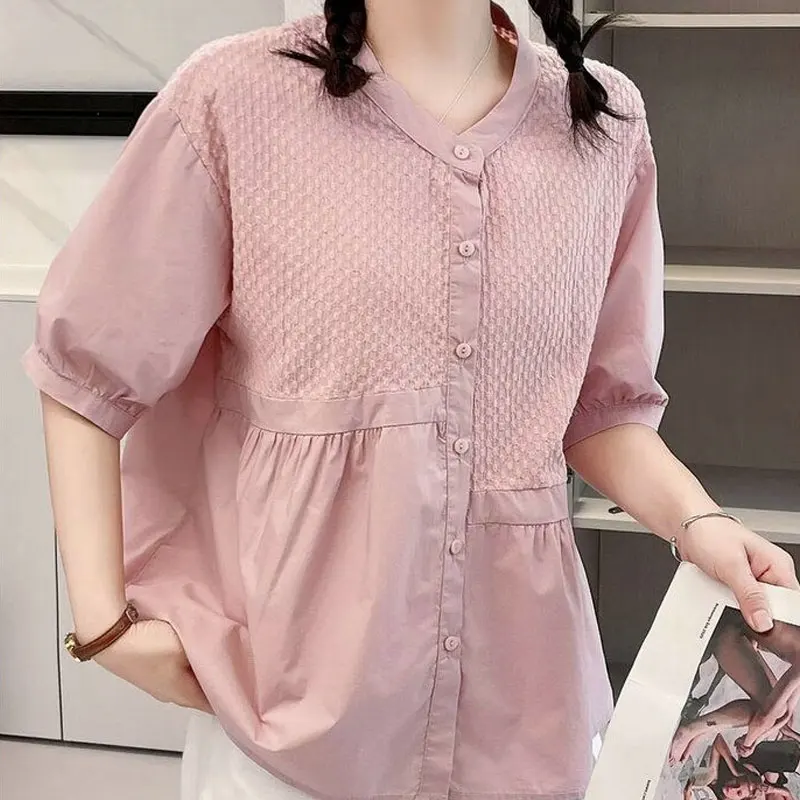 2023 Casual Sweet Solid Color Blouse Female Single-breasted Korean Loose Patchwork O-Neck Summer Half Sleeve Asymmetrical Shirt