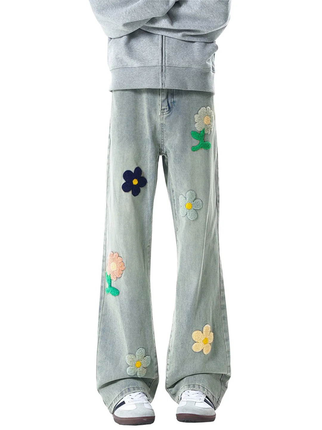 

Retro American Waed Straight Leg Men's Jeans Loose Large Size High-End Feeling Patchwork Embroidery Wide Leg Casual Pants